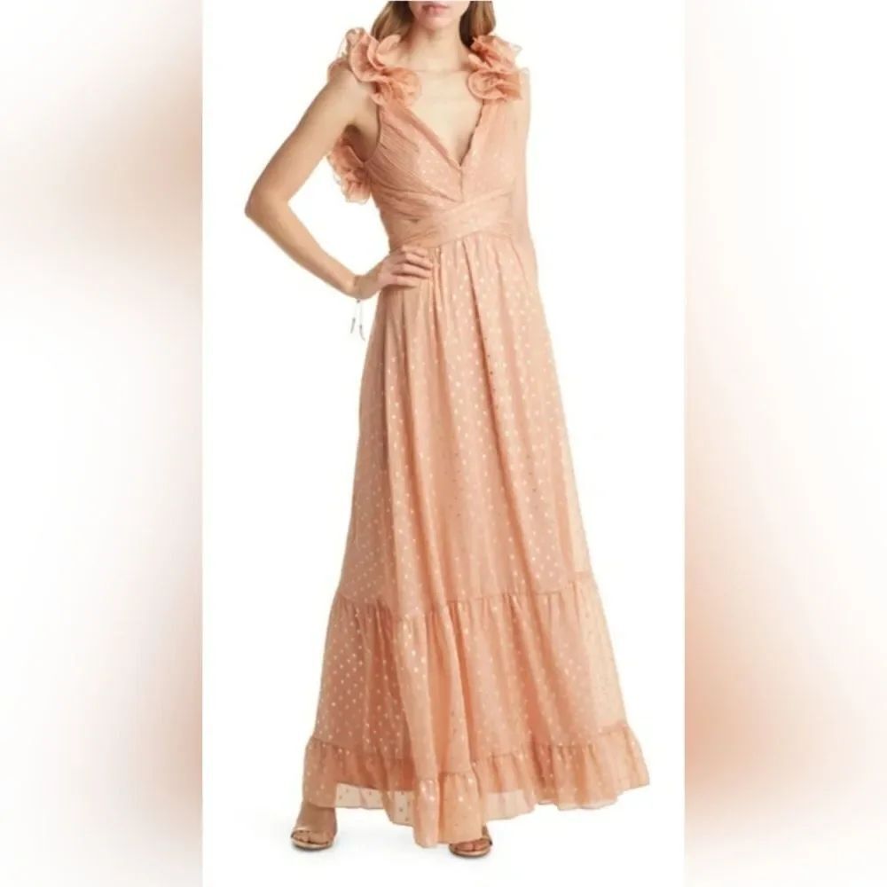 VICI SHIMMER CHIFFON RUFFLE CUTOUT MAXI DRESS IN ICED MANGO NWT sz XL polka dot